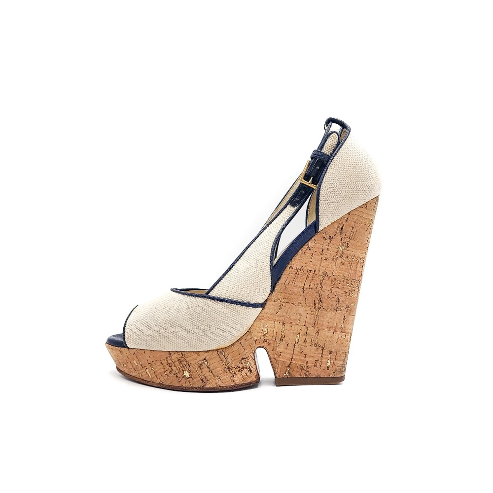 YSL Yves Saint Laurent Canvass Cork Platform Wedge Open Toe Shoes EU 38 - Picture 3 of 8